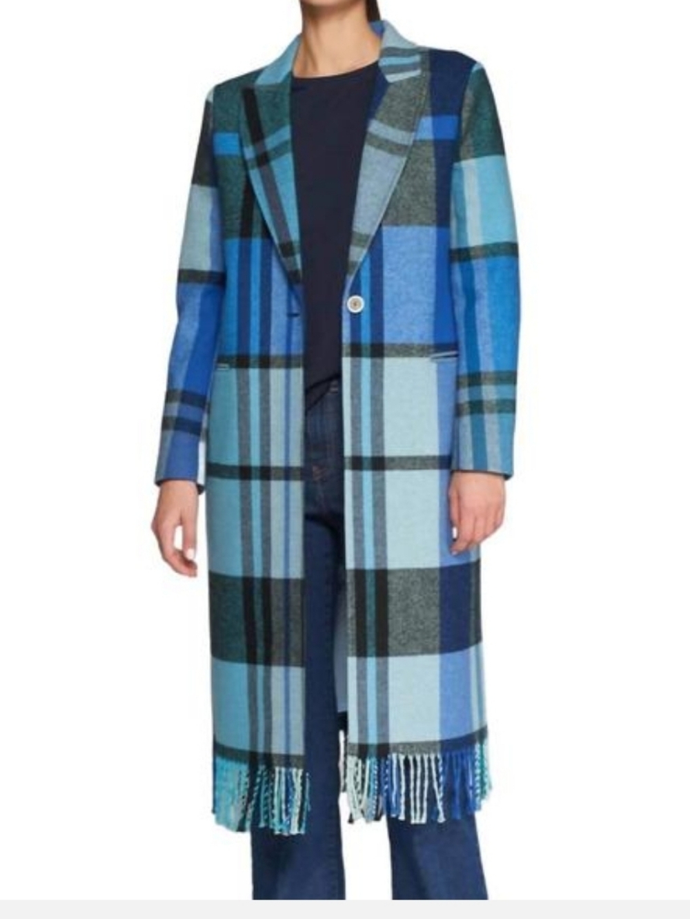Vilagallo Plaid Fringe Hem Coat Blue Teal Wool Blend Statement Blazer Size 40